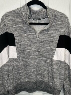PINK Grey Pullover Quarter-Zip Sweatshirt with Black & White Size Medium